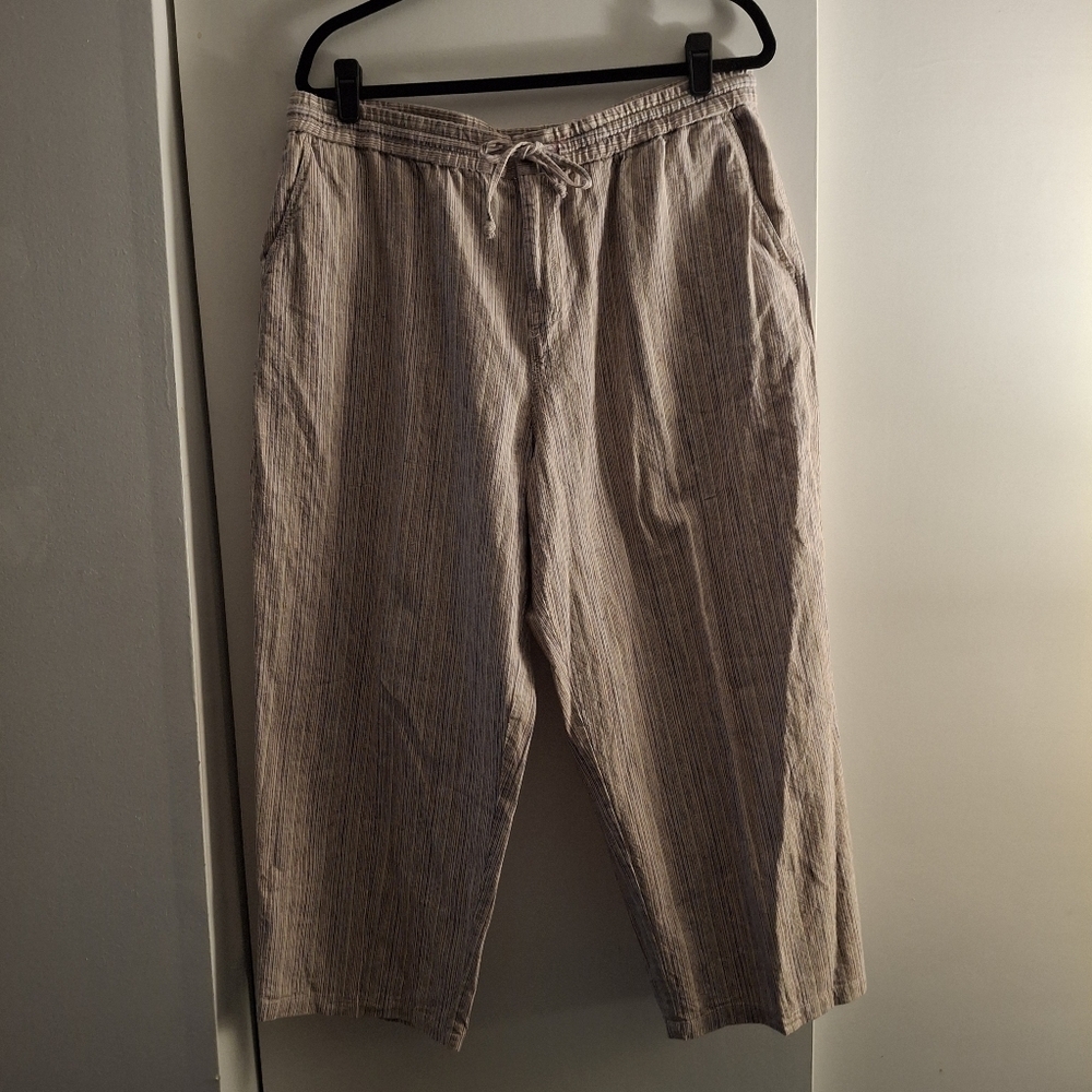 Sag Harbor Women's Striped Cropped Linen Khaki Chinos